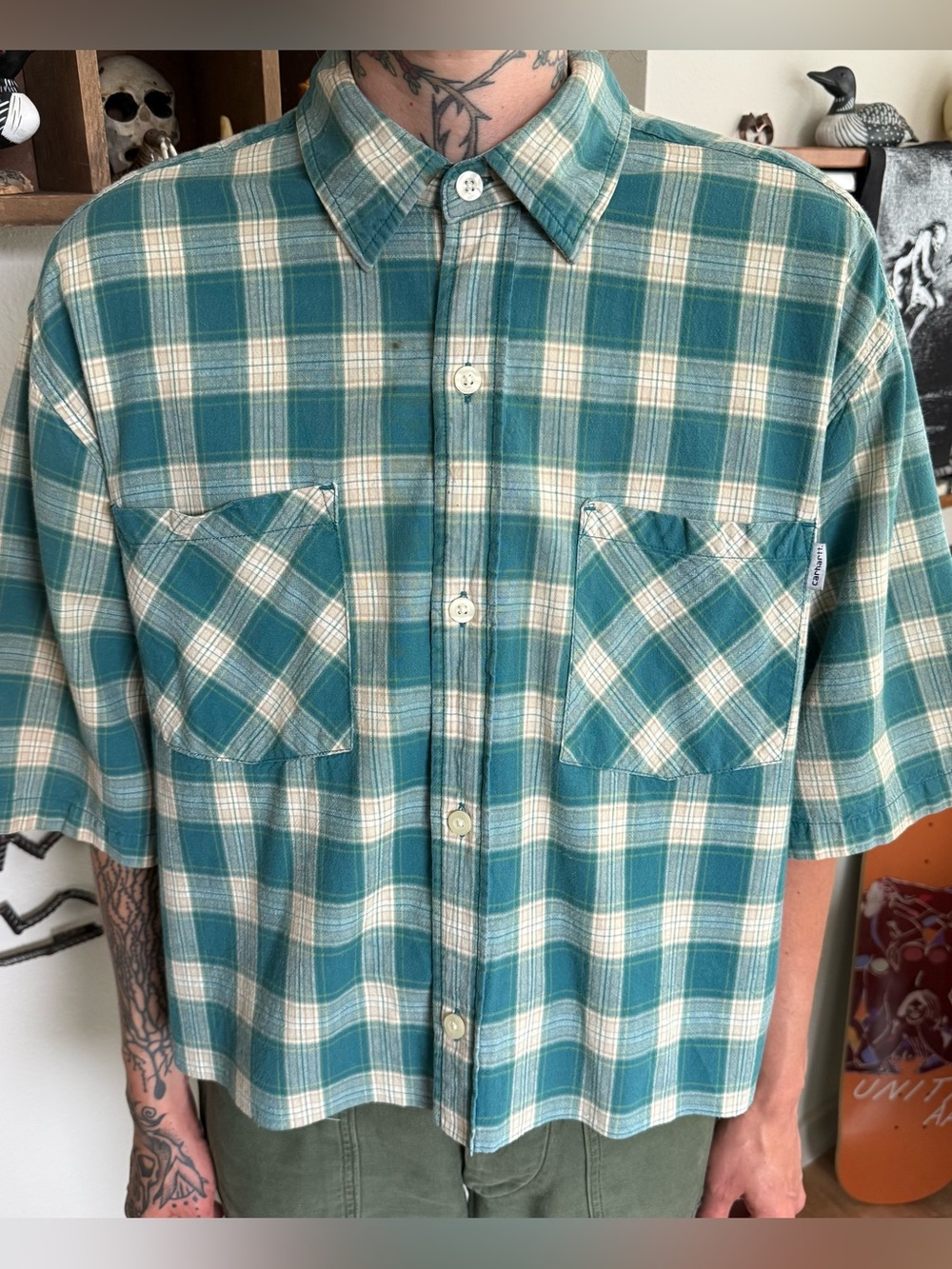 Carhartt Cropped Boxy Plaid S/S Button Down Shirt ~ Size Large